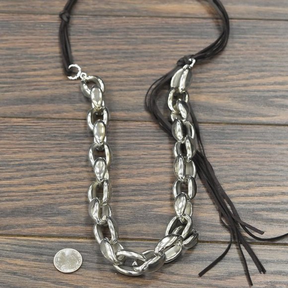 Bold Large Cable Link Chain Leather Necklace - Picture 1 of 4